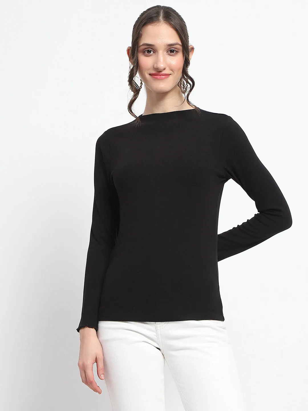 Madame High Neck Full Sleeve Solid Black Top Outdoor Look Lounge Wear