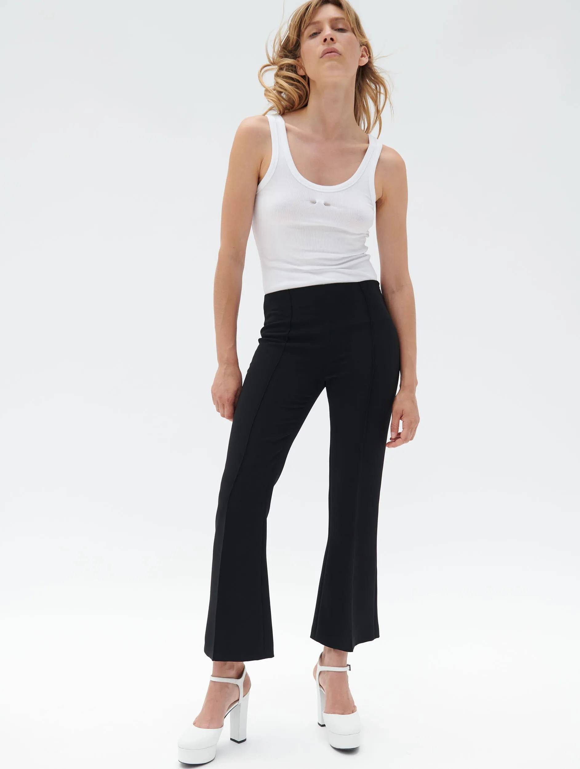 LowProfileWaistband ReflectiveAccentDetails Black crepe 7/8 length flared trousers