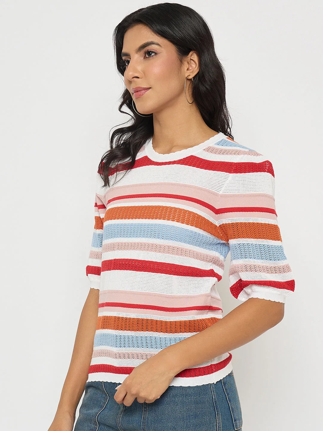 Vintage Style UV Protection Madame Striped Multi-Color Open Stitch Knitted Top