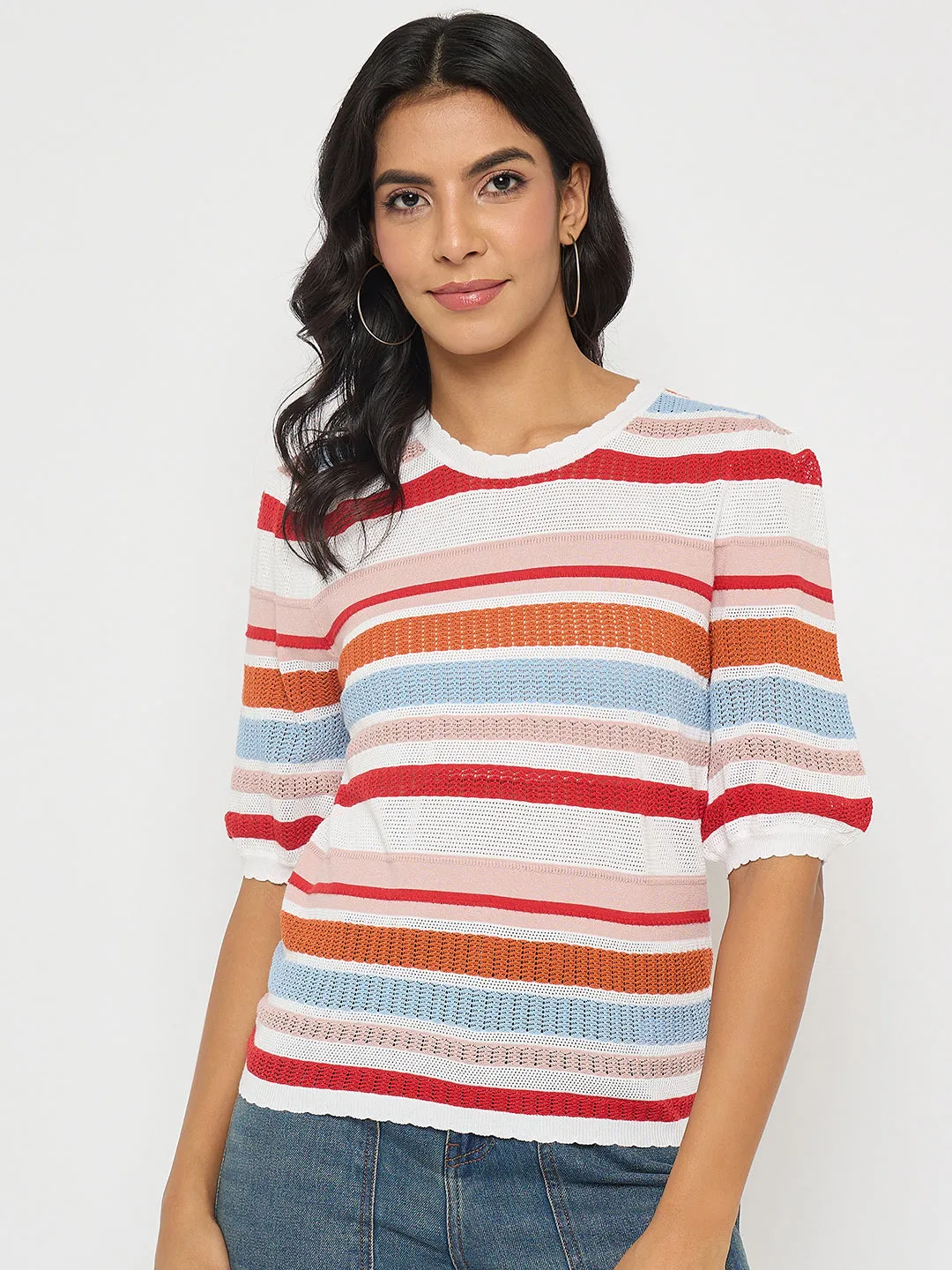 OdorControl Technology LowMaintenanceMaterial Madame Striped Multi-Color Open Stitch Knitted Top