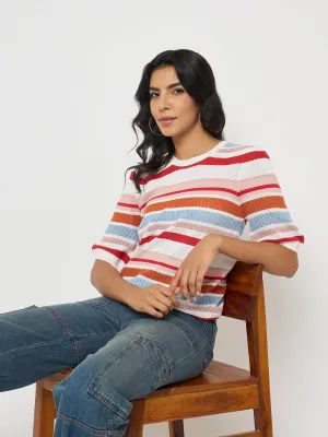 Faith Core Madame Striped Multi-Color Open Stitch Knitted Top
