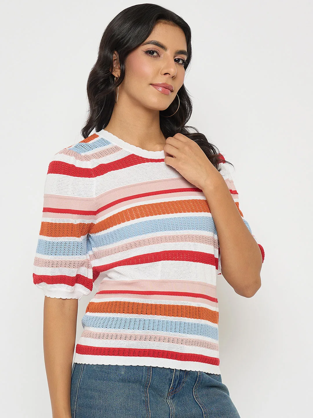 Madame Striped Multi-Color Open Stitch Knitted Top EcoDye Process