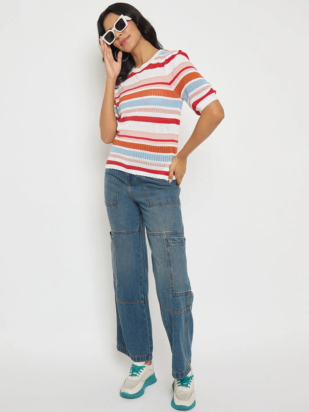 Insulated Jacket Madame Striped Multi-Color Open Stitch Knitted Top