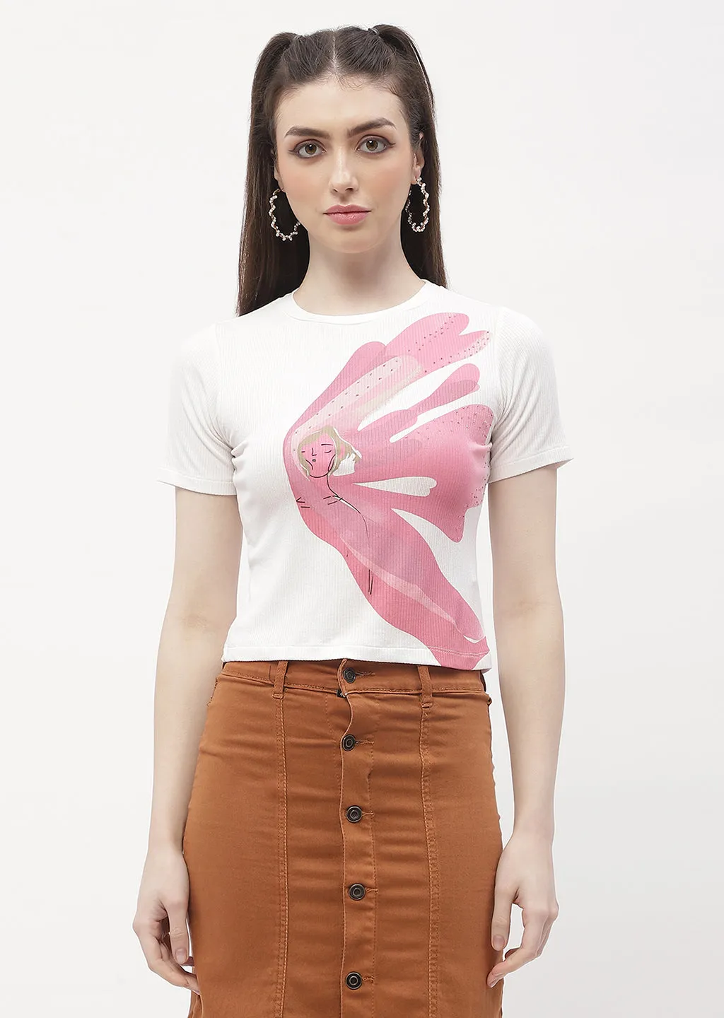 Madame Graphic Print Off-White Ribbed T-Shirt color blocking