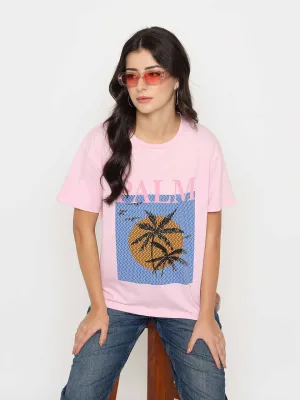 Madame Cotton Graphic Print Pink T-shirt Minimal Look Silk combination