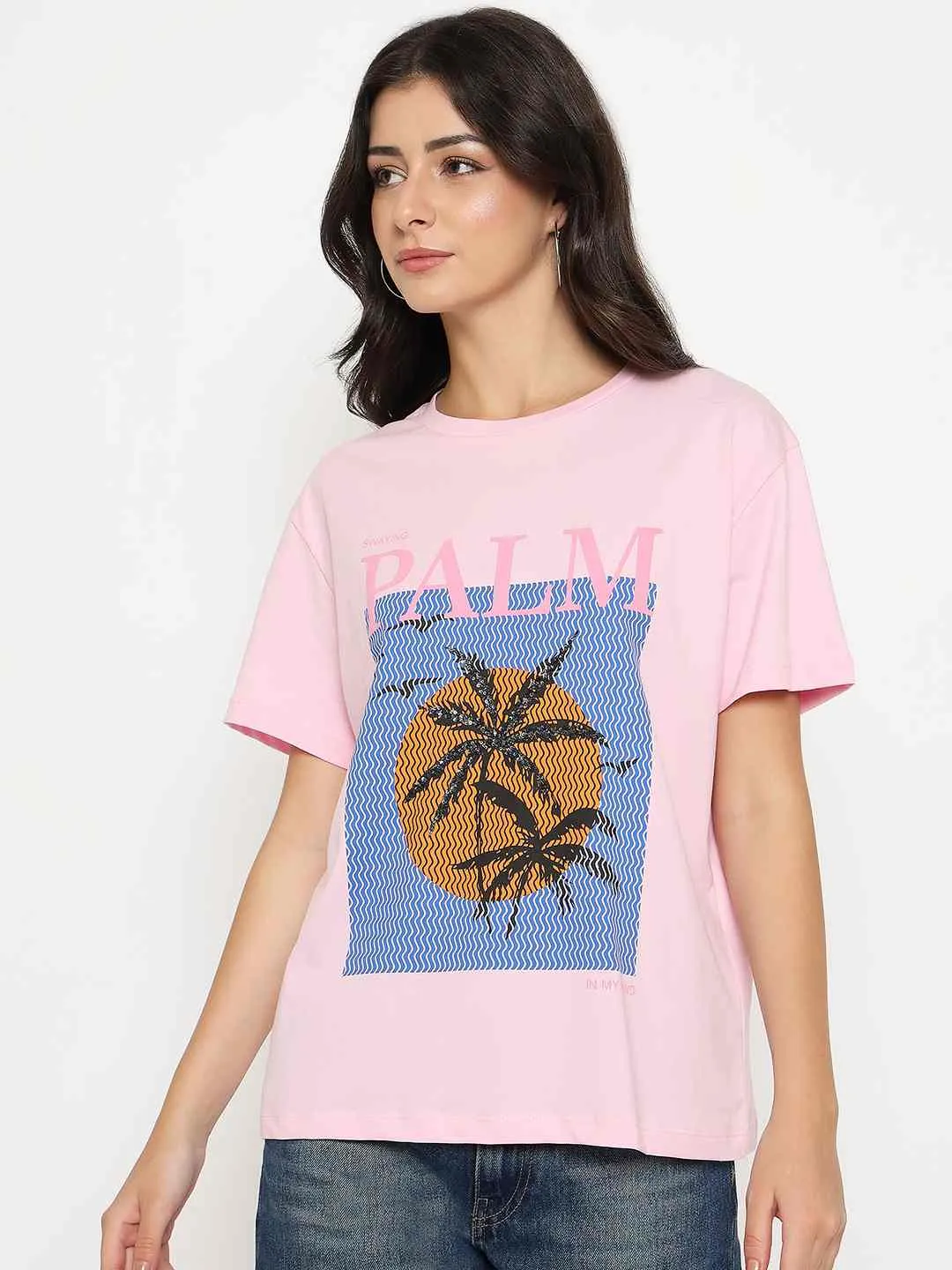 Madame Cotton Graphic Print Pink T-shirt Anti Perspiration Lining