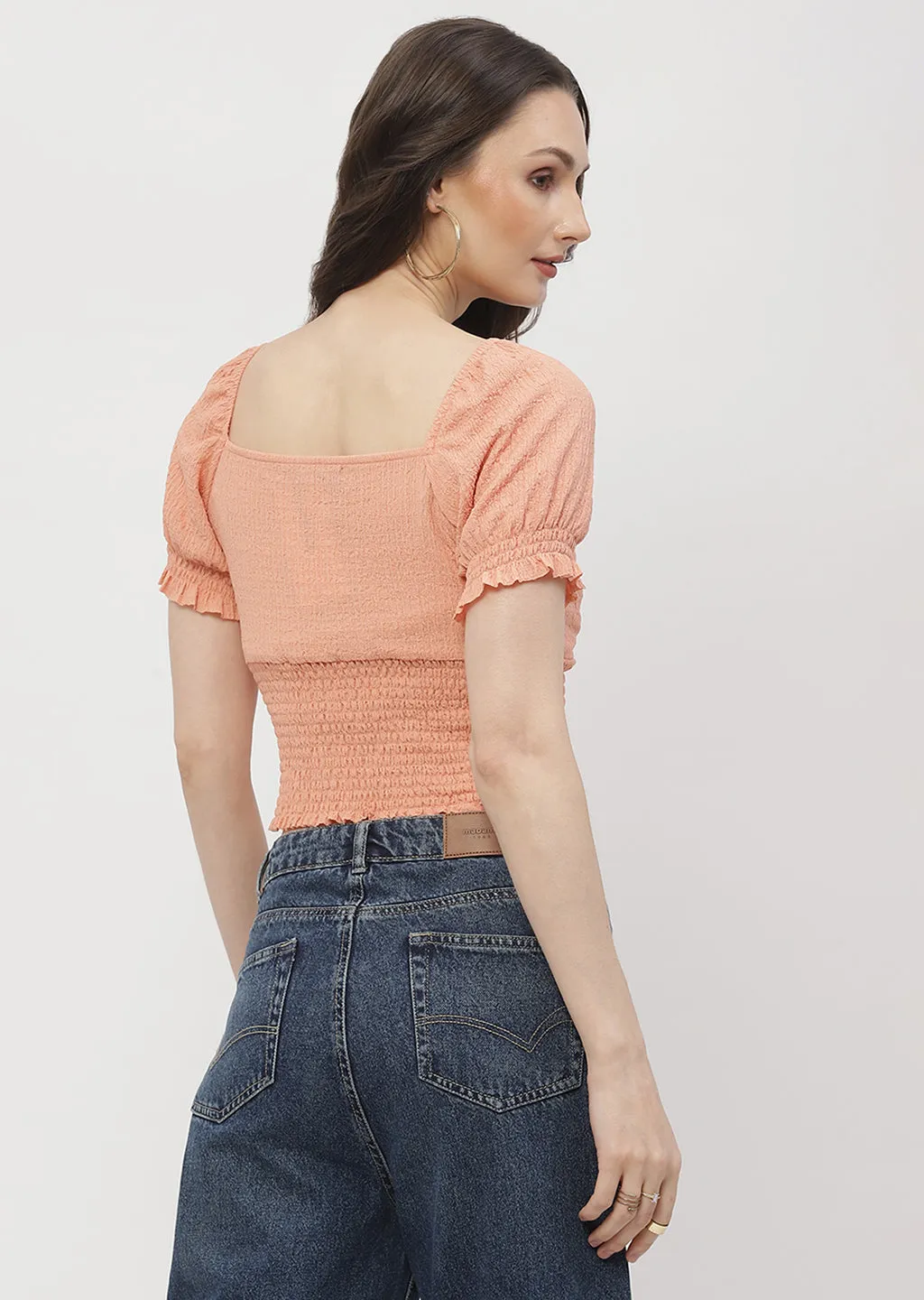 Madame Tie-Up Neck Orange Smocked Top Cozy Knit Peace Flow