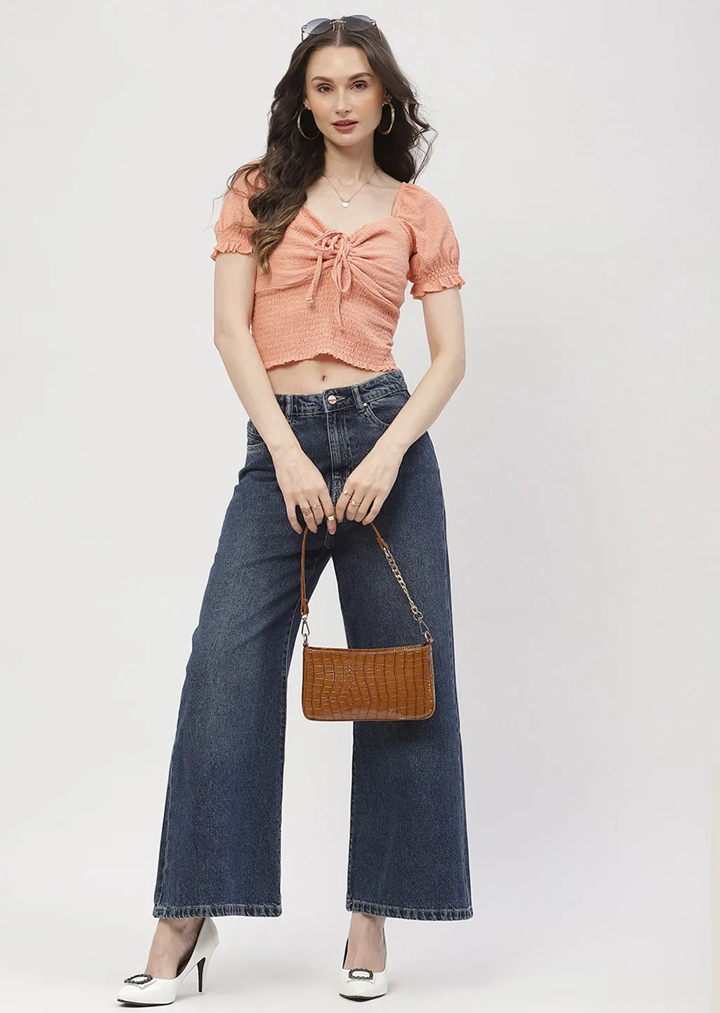 Magnetic Closure Madame Tie-Up Neck Orange Smocked Top