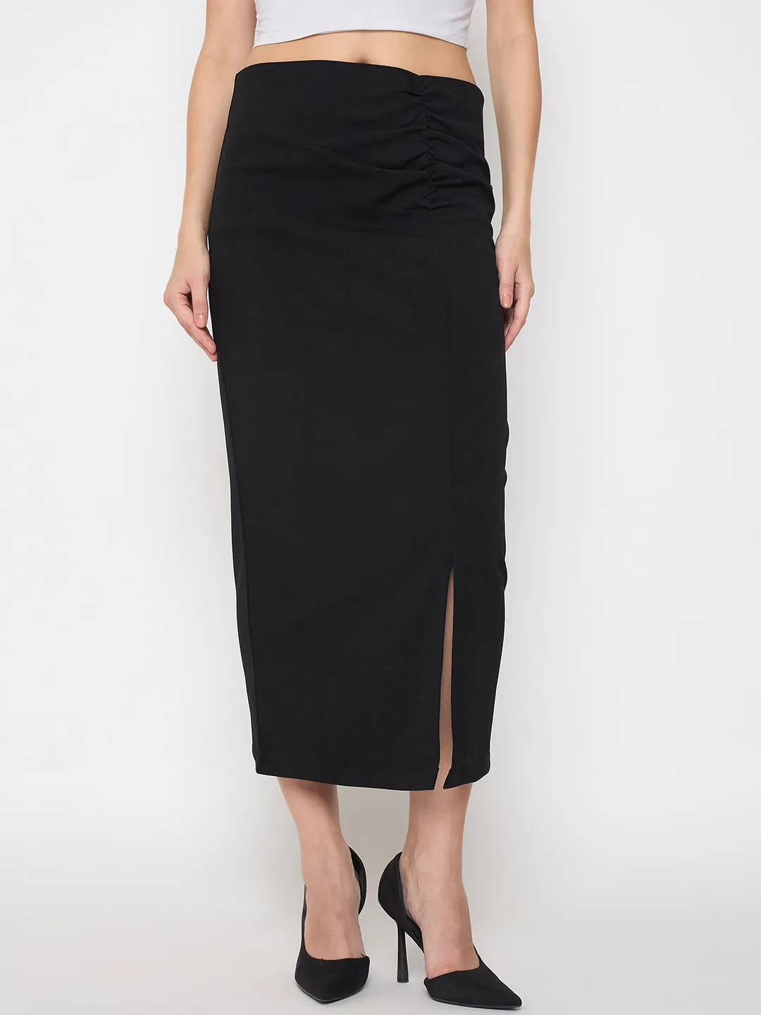 Madame Ruched Solid Black Pencil Skirt FlexibleNeckline VentilatedMesh