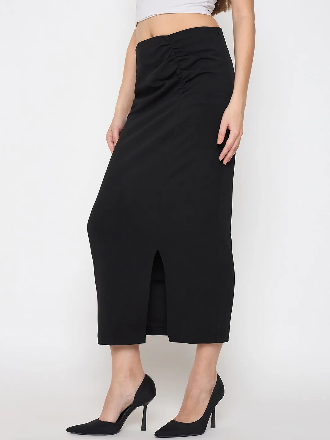 Weather resistant Fantasy Glow Madame Ruched Solid Black Pencil Skirt