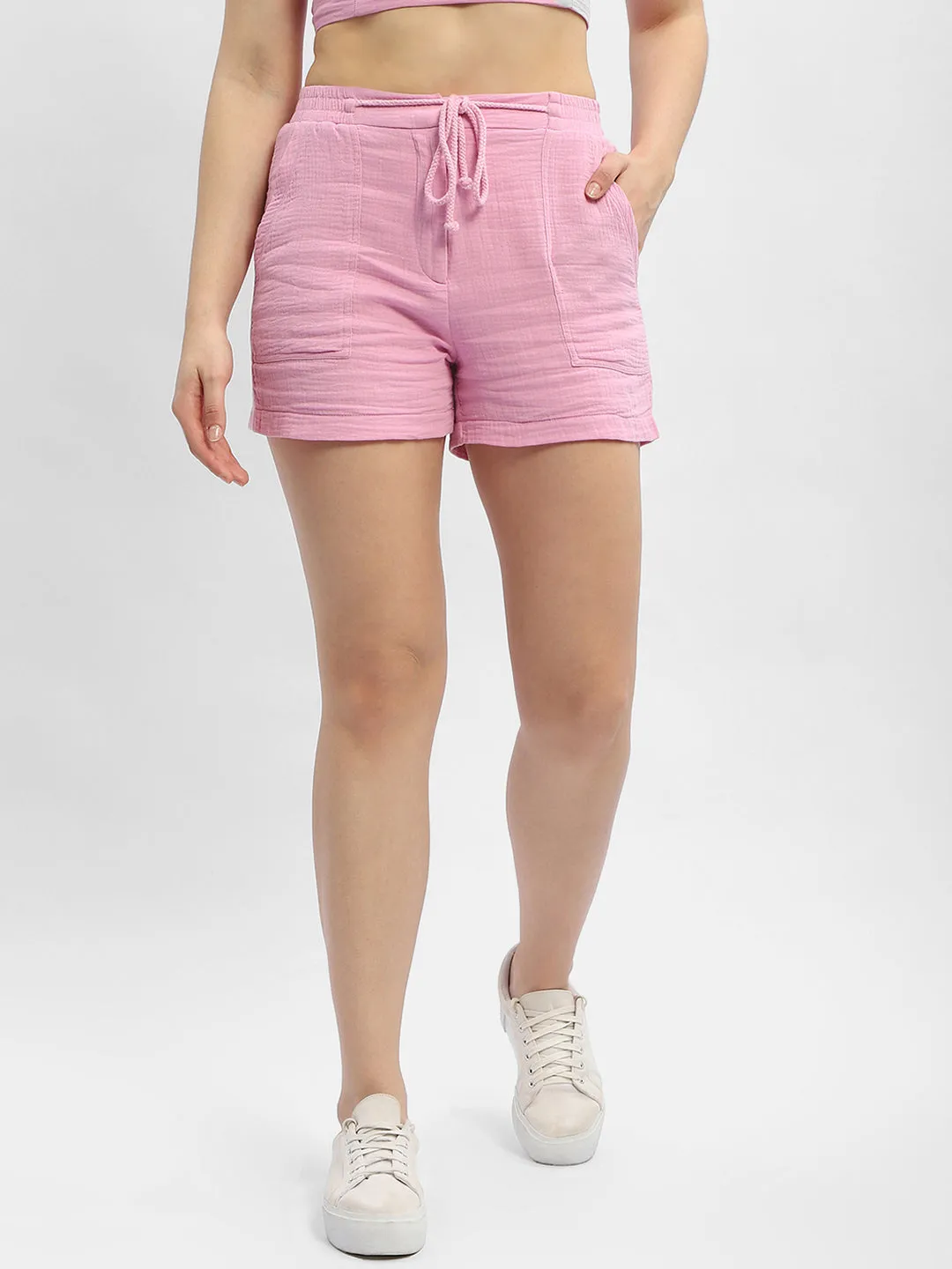 Madame Drawstring Waist Pink Shorts Suede Mood Breathable mesh