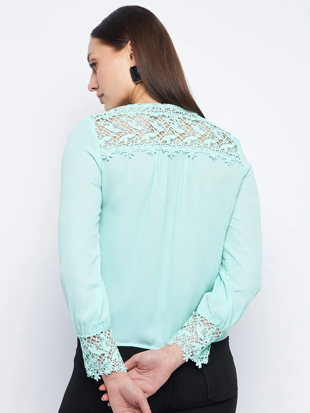 Trendy Trousers Madame Lace Detailed Sea Green V-Neck Shirt