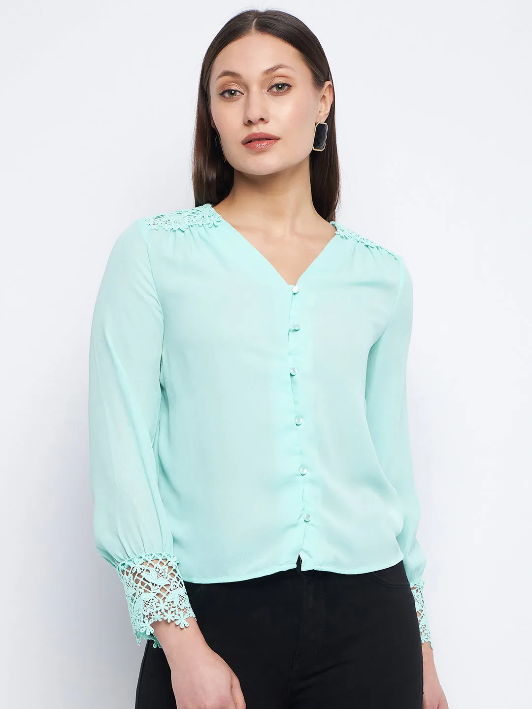 Madame Lace Detailed Sea Green V-Neck Shirt EcoFriendly Dye