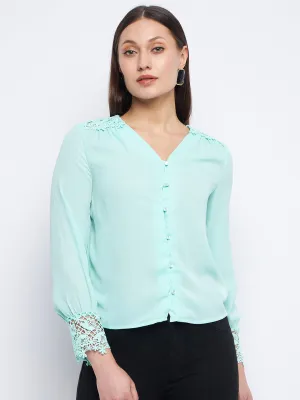 Madame Lace Detailed Sea Green V-Neck Shirt EcoFriendly Dye