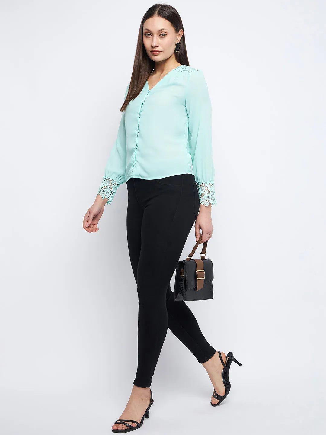 Madame Lace Detailed Sea Green V-Neck Shirt Epic Core Fantasy Mood