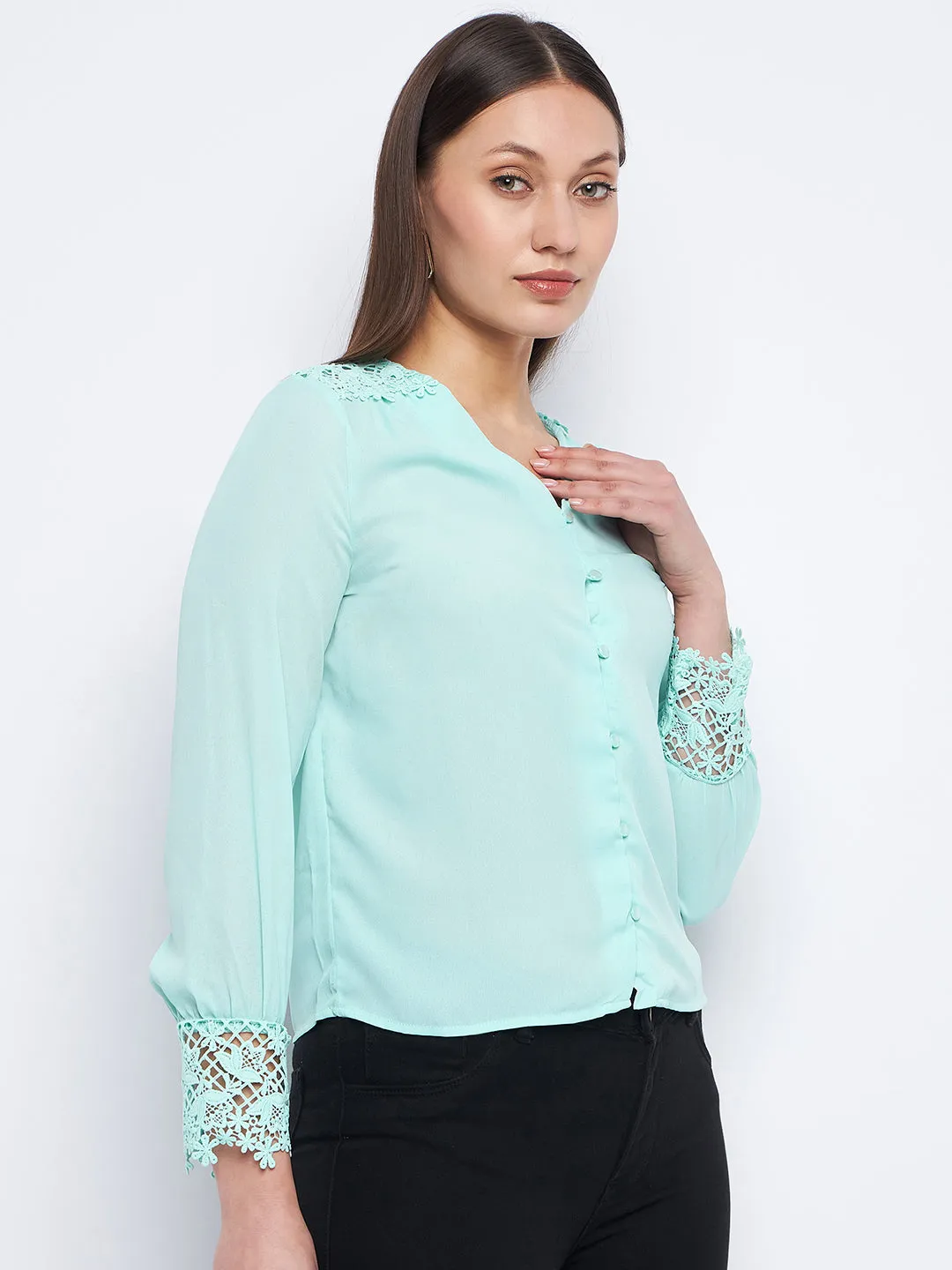 Madame Lace Detailed Sea Green V-Neck Shirt Polish Tone ChafeResistant Seams