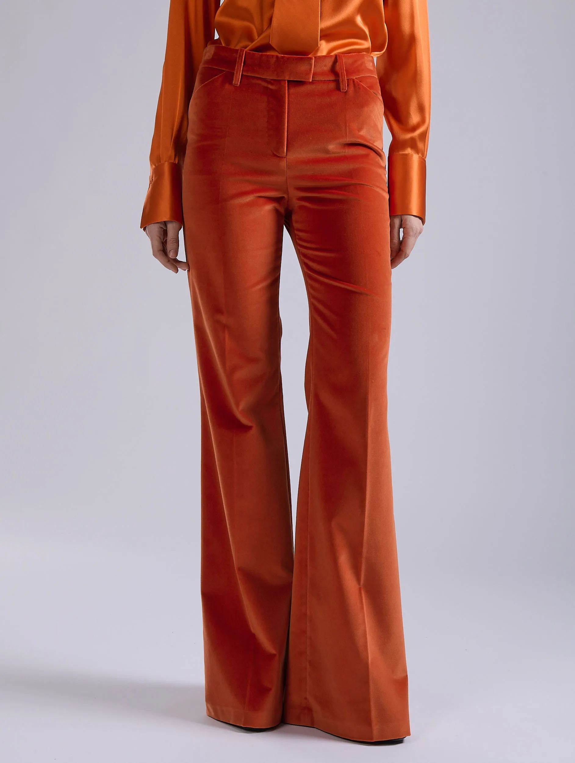 Flat Lock Stitching Classic Design Orange velvet flare trousers