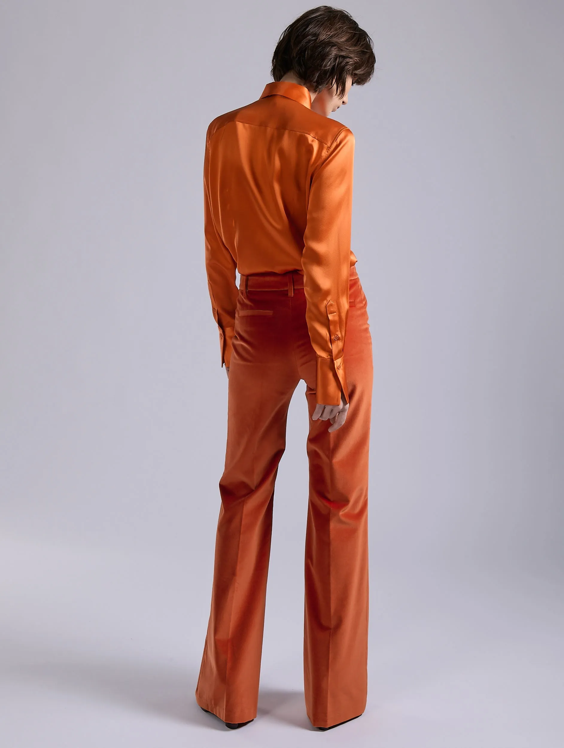 Stylish Cut Ripstop Fabric Technology Orange velvet flare trousers