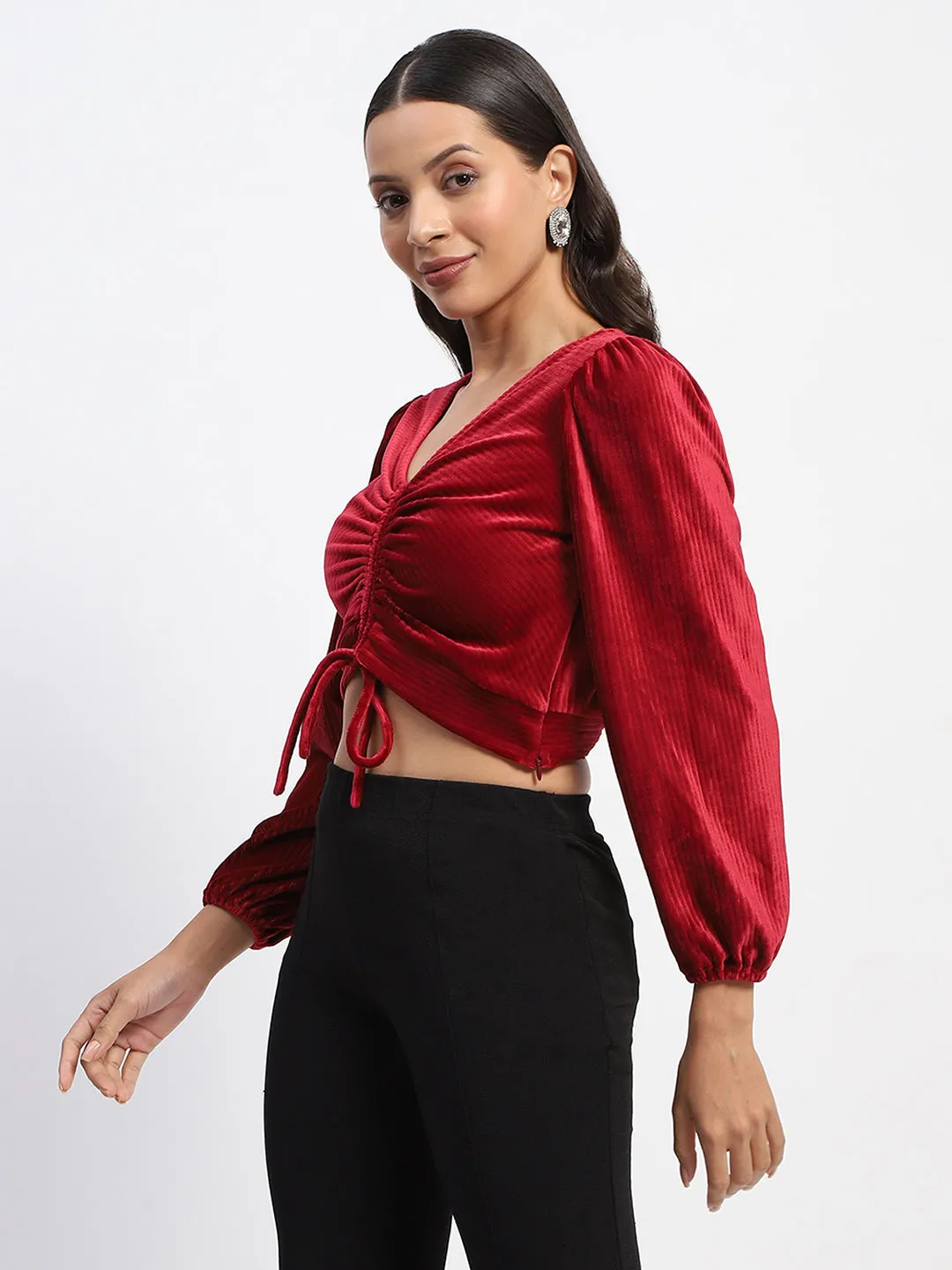 EcoFriendly Dye Madame Ruched V Neck Puff Sleeve Velvet Crop Top