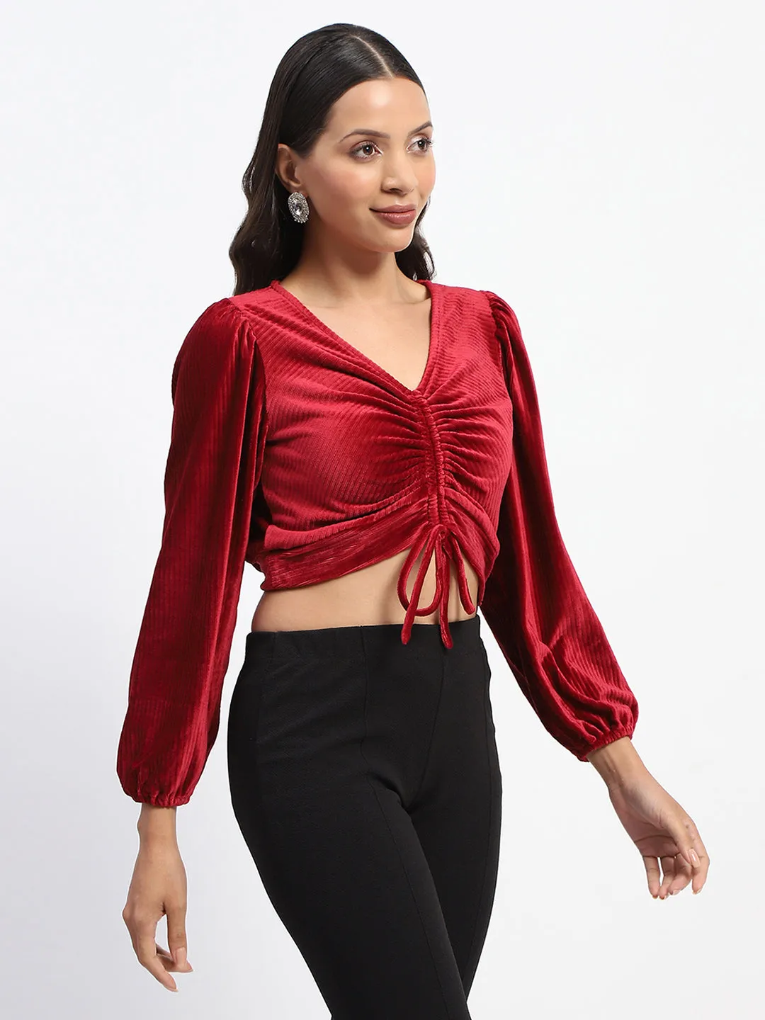 Madame Ruched V Neck Puff Sleeve Velvet Crop Top Active Ease