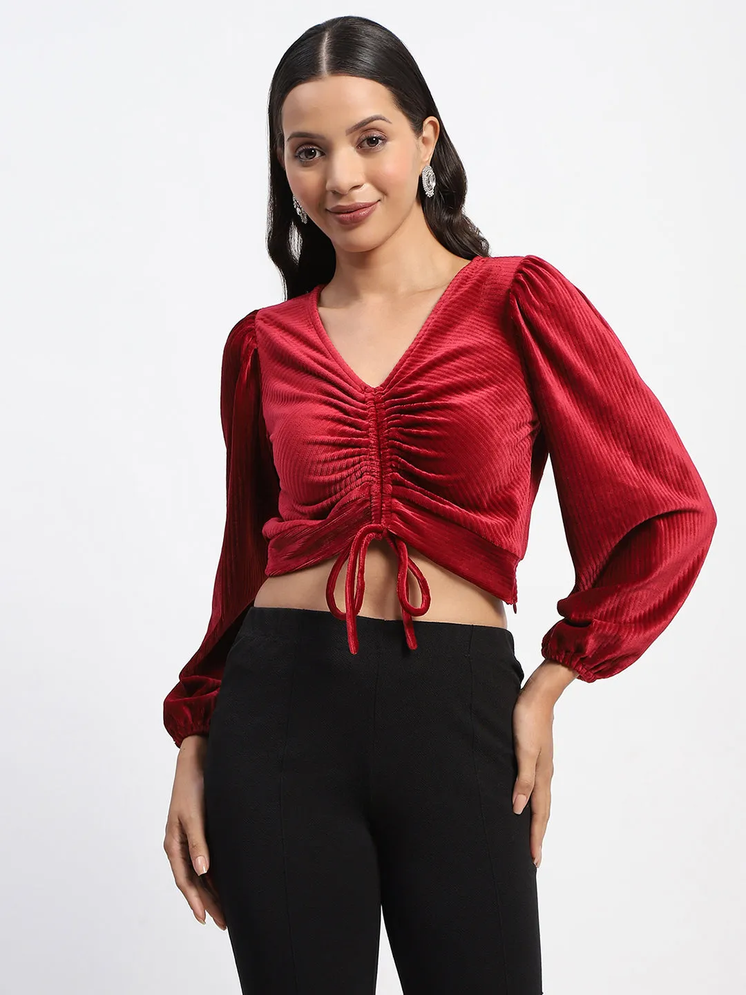 StainlessZippers Madame Ruched V Neck Puff Sleeve Velvet Crop Top