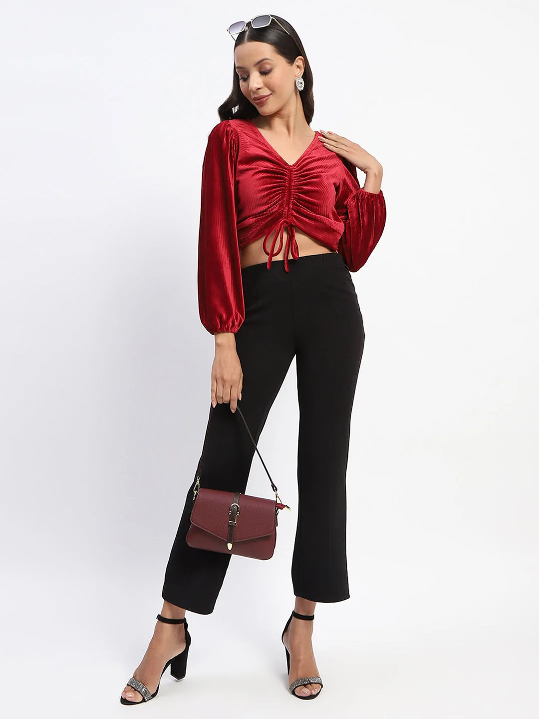 Picnic Fun Madame Ruched V Neck Puff Sleeve Velvet Crop Top