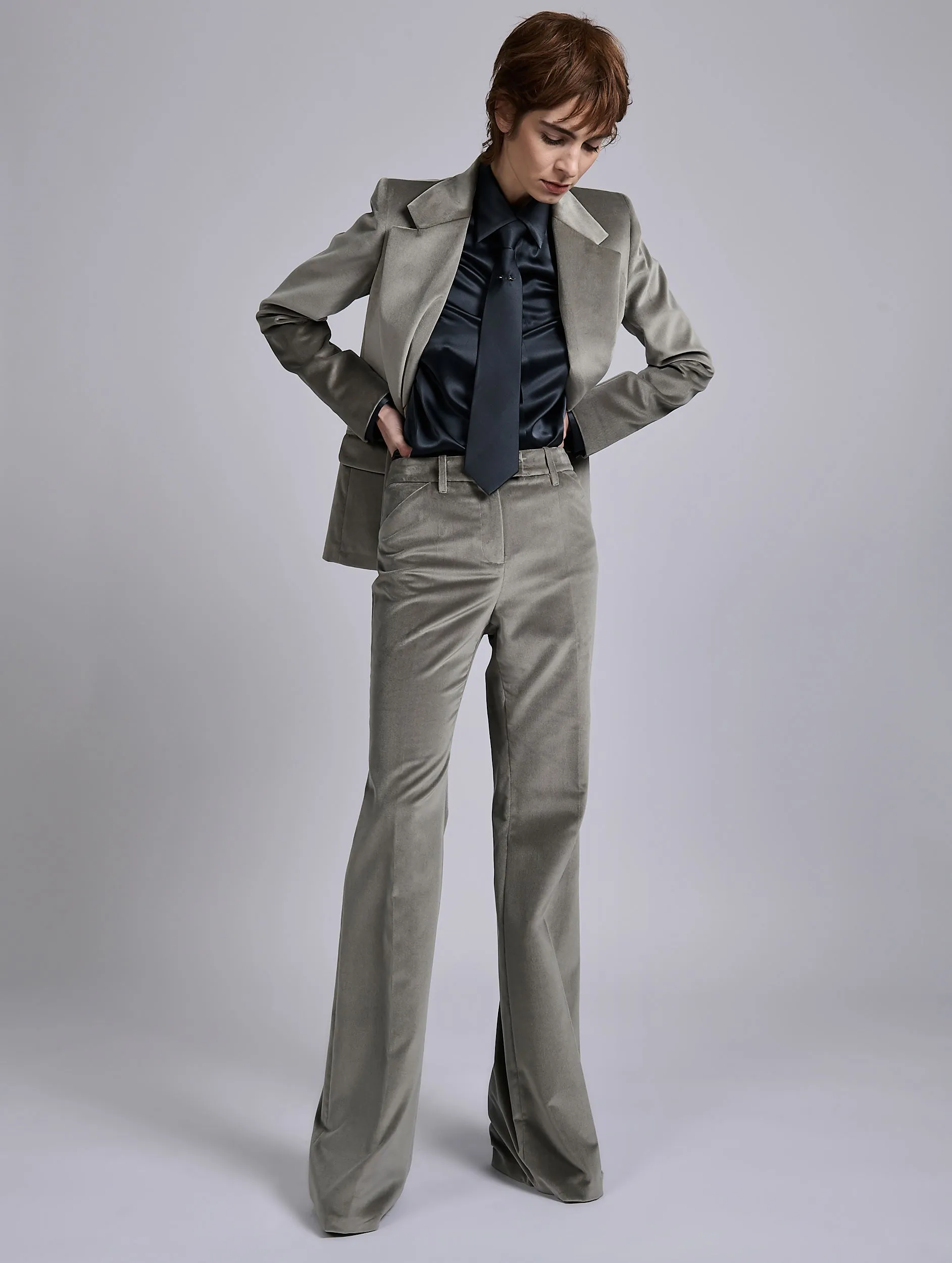 Grey velvet flare trousers Reinforced Seams Minimal Look