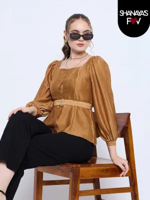 Madame Golden Rayon Blend Square Neck Belted Button Front Top Multi-Purpose Wear