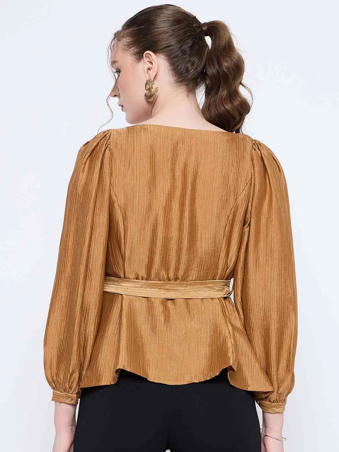 Layering Piece Madame Golden Rayon Blend Square Neck Belted Button Front Top