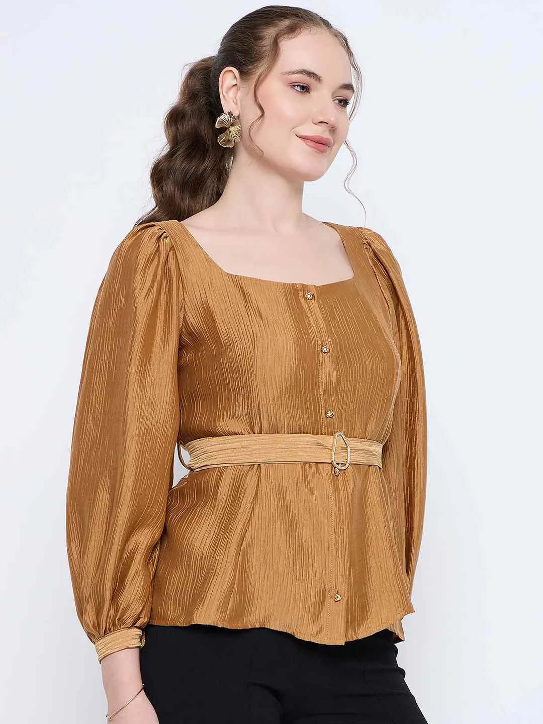 Madame Golden Rayon Blend Square Neck Belted Button Front Top Power Vibe