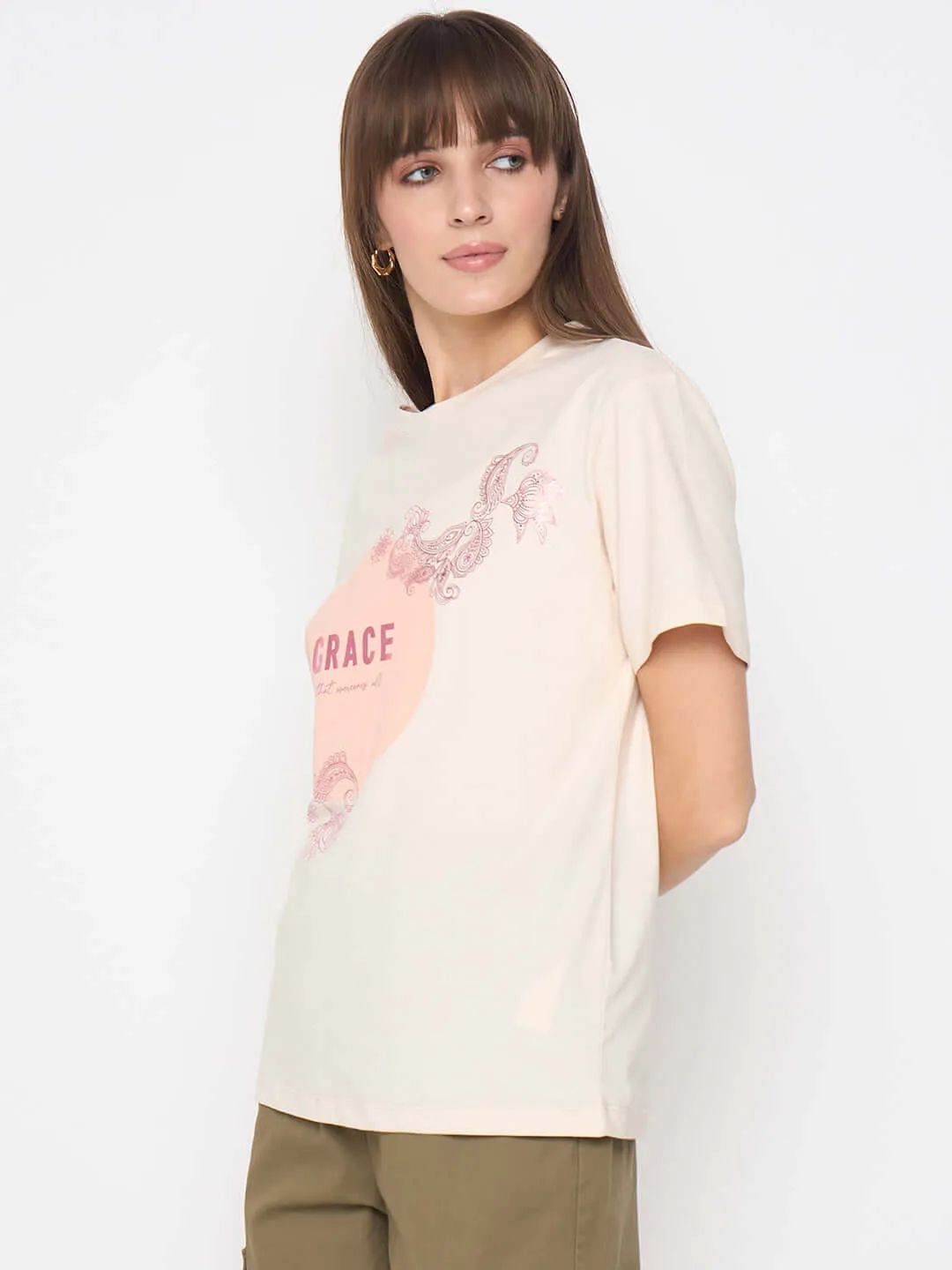 Perfect Comfort Casual Essential Wear Madame Sinker Graphic Print Foil Detailed Beige Tshirt