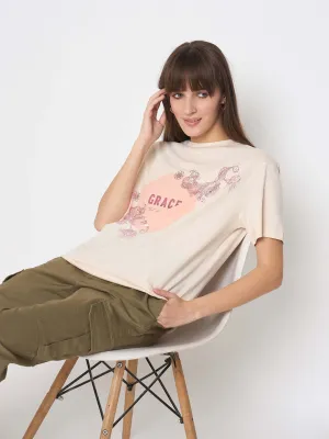 Madame Sinker Graphic Print Foil Detailed Beige Tshirt Minimalist Style