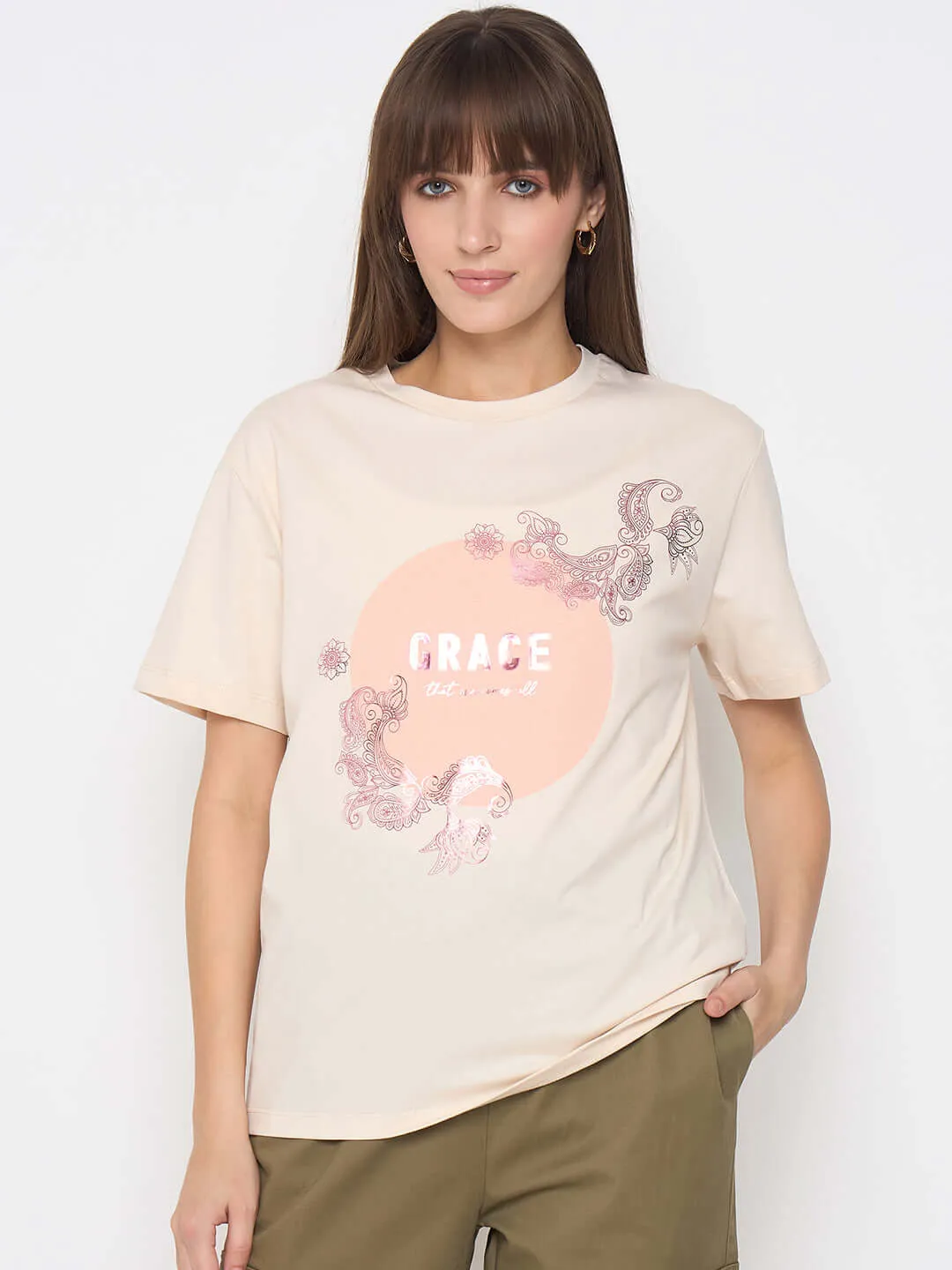 Madame Sinker Graphic Print Foil Detailed Beige Tshirt Comfortable Shape