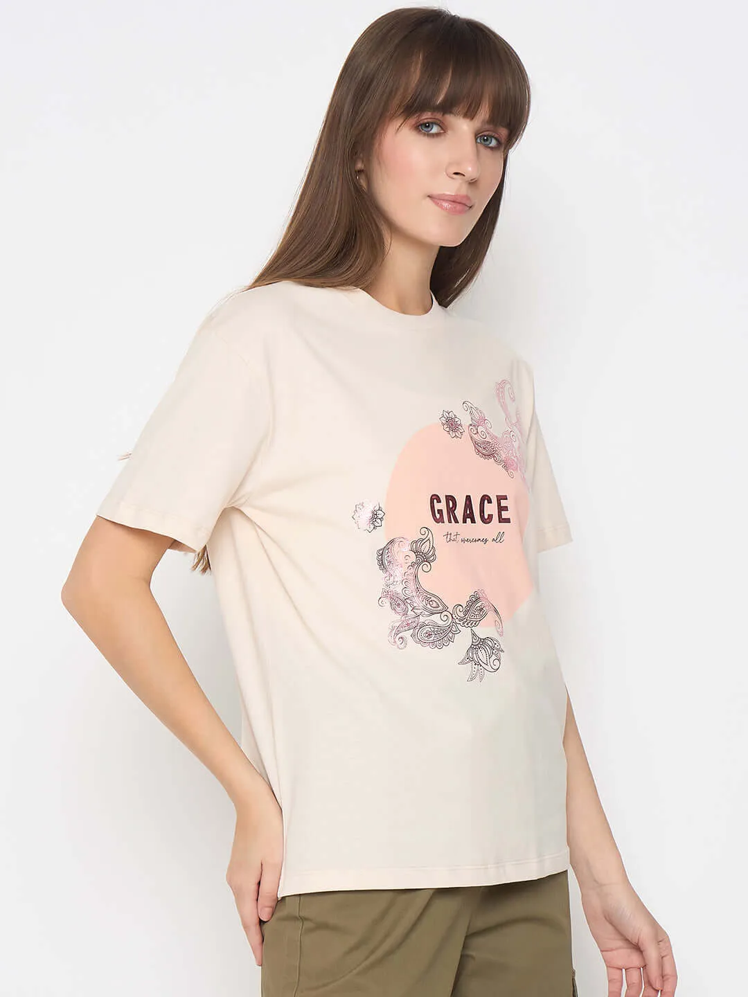 Madame Sinker Graphic Print Foil Detailed Beige Tshirt City Look Cool and Comfortable