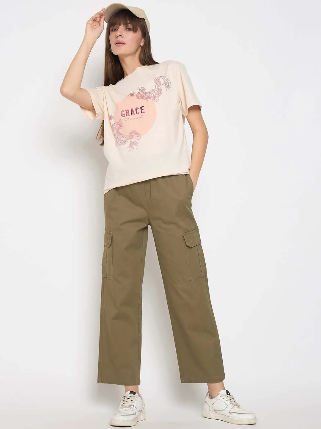 Street Trendy Madame Sinker Graphic Print Foil Detailed Beige Tshirt
