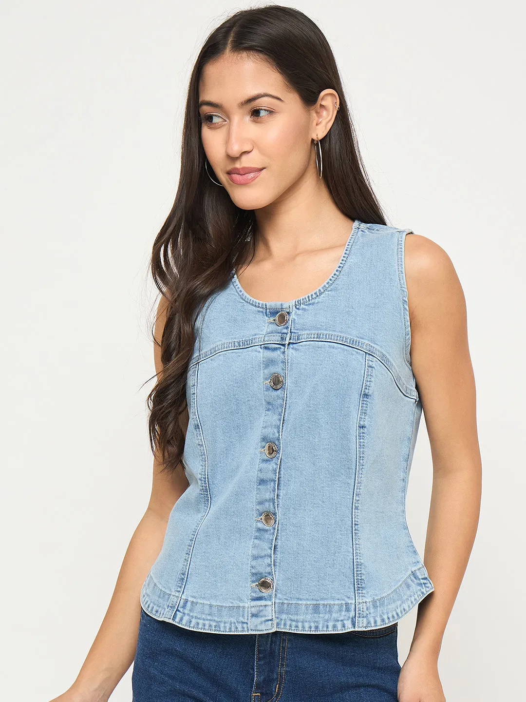 Madame Sleeveless Bright Blue Cotton Blend Bright Blue Top Snow Ready Winter Fashion