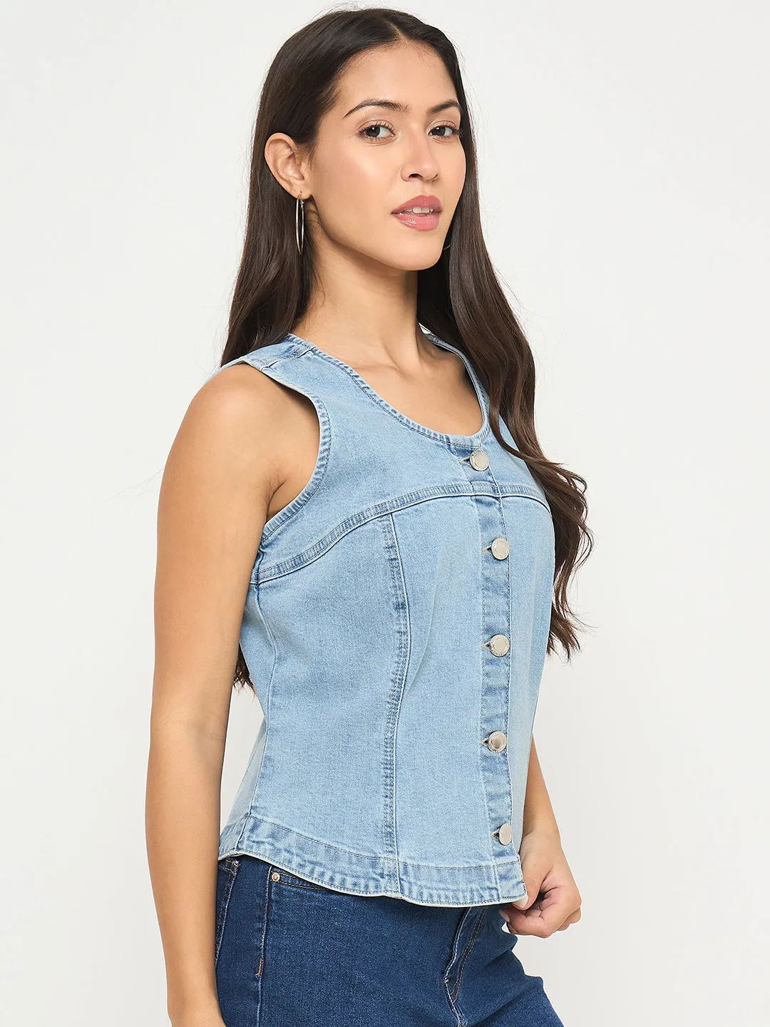 Madame Sleeveless Bright Blue Cotton Blend Bright Blue Top Roomy Design Rugged shoes