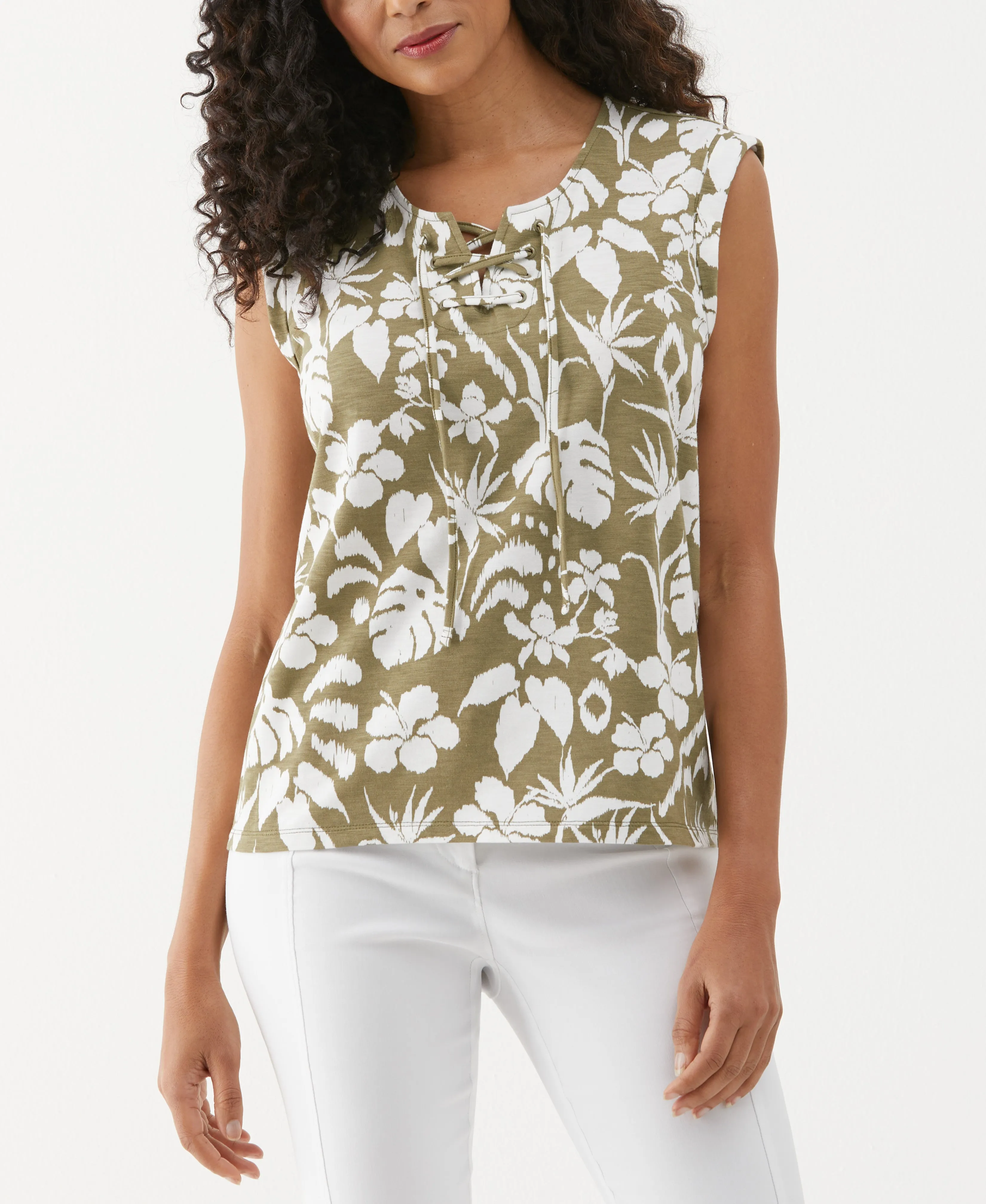 Tropical Print Lace-Up Tank Top Flash Look Motion Core