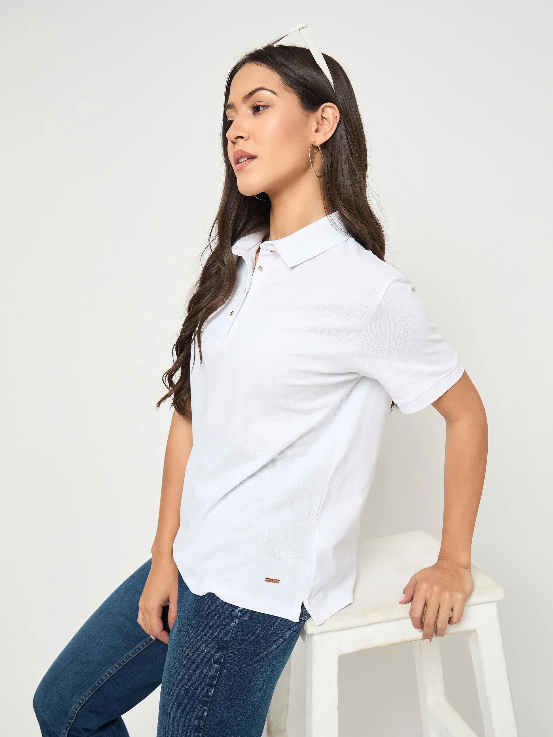 Office Casual Breathable touch Madame Cotton Blend Solid White Polo T-shirt