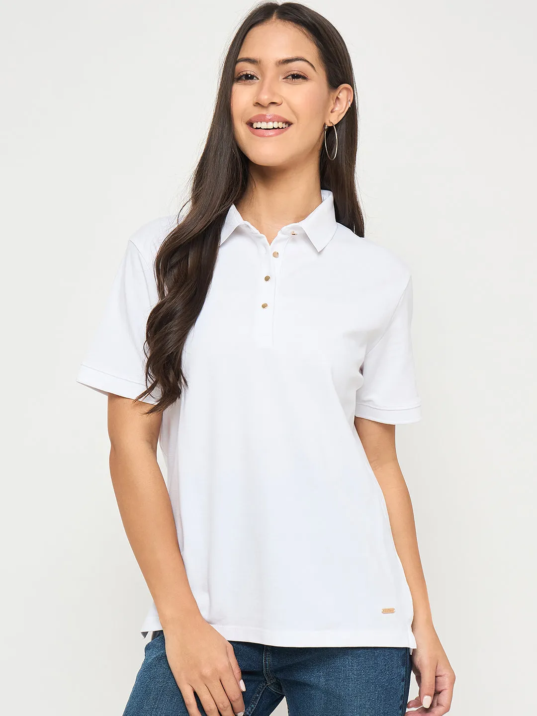 Madame Cotton Blend Solid White Polo T-shirt Drop Shoulder Design
