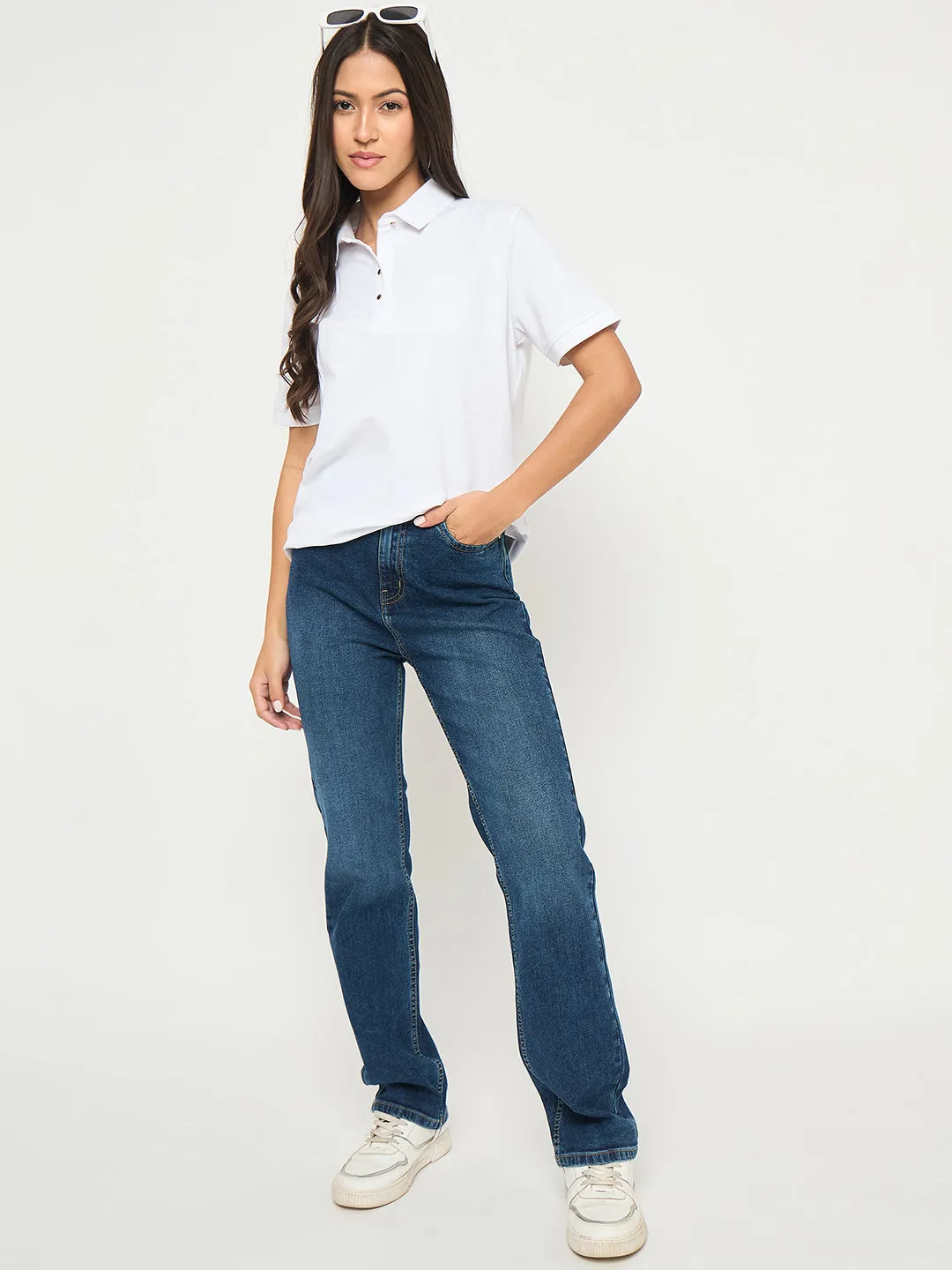 Simple yet stylish Madame Cotton Blend Solid White Polo T-shirt