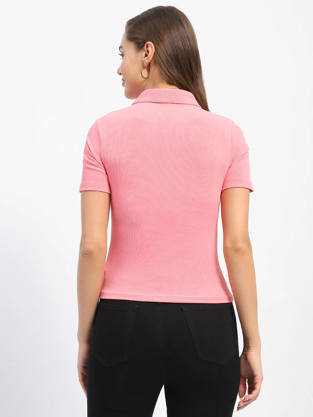 Stylish Wear Madame Solid Pink Polo Neck T-Shirt