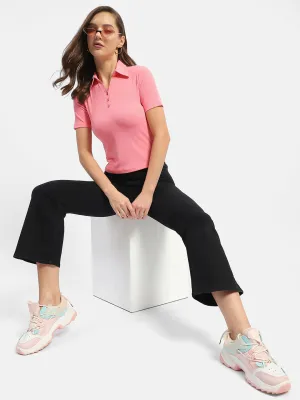 Madame Solid Pink Polo Neck T-Shirt Ergonomic Cut