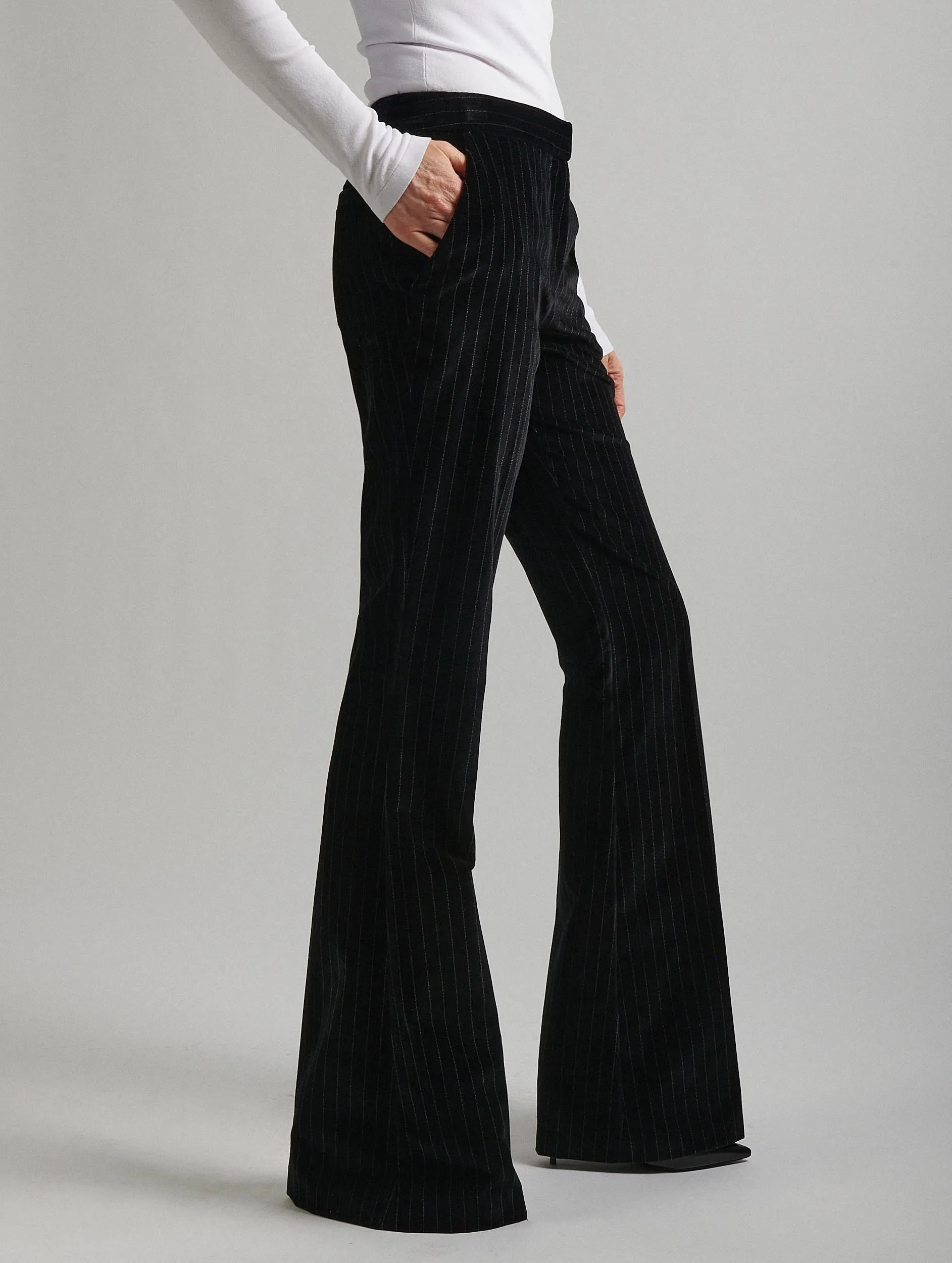 Black striped velvet bootleg suit trousers hypoallergenic material