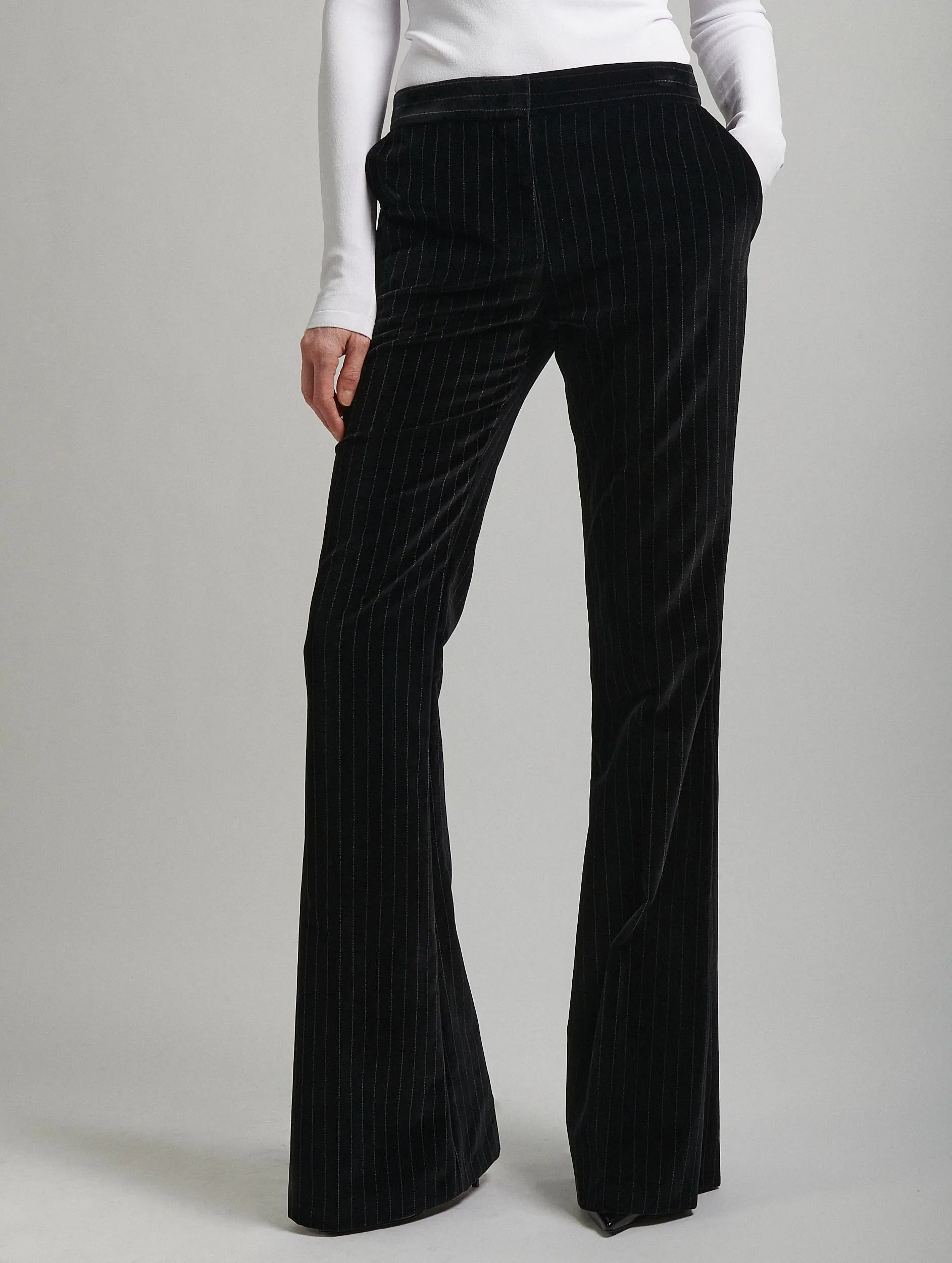 Black striped velvet bootleg suit trousers Modern Relaxed Fashionable Waist