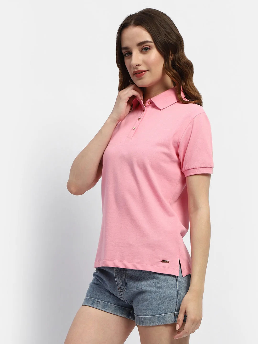 Madame Solid Pink Polo Neck T-Shirt Comfy Essentials