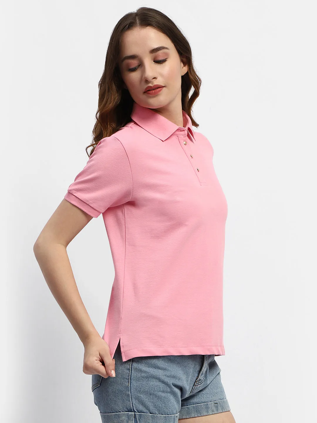 Madame Solid Pink Polo Neck T-Shirt Vintage Look