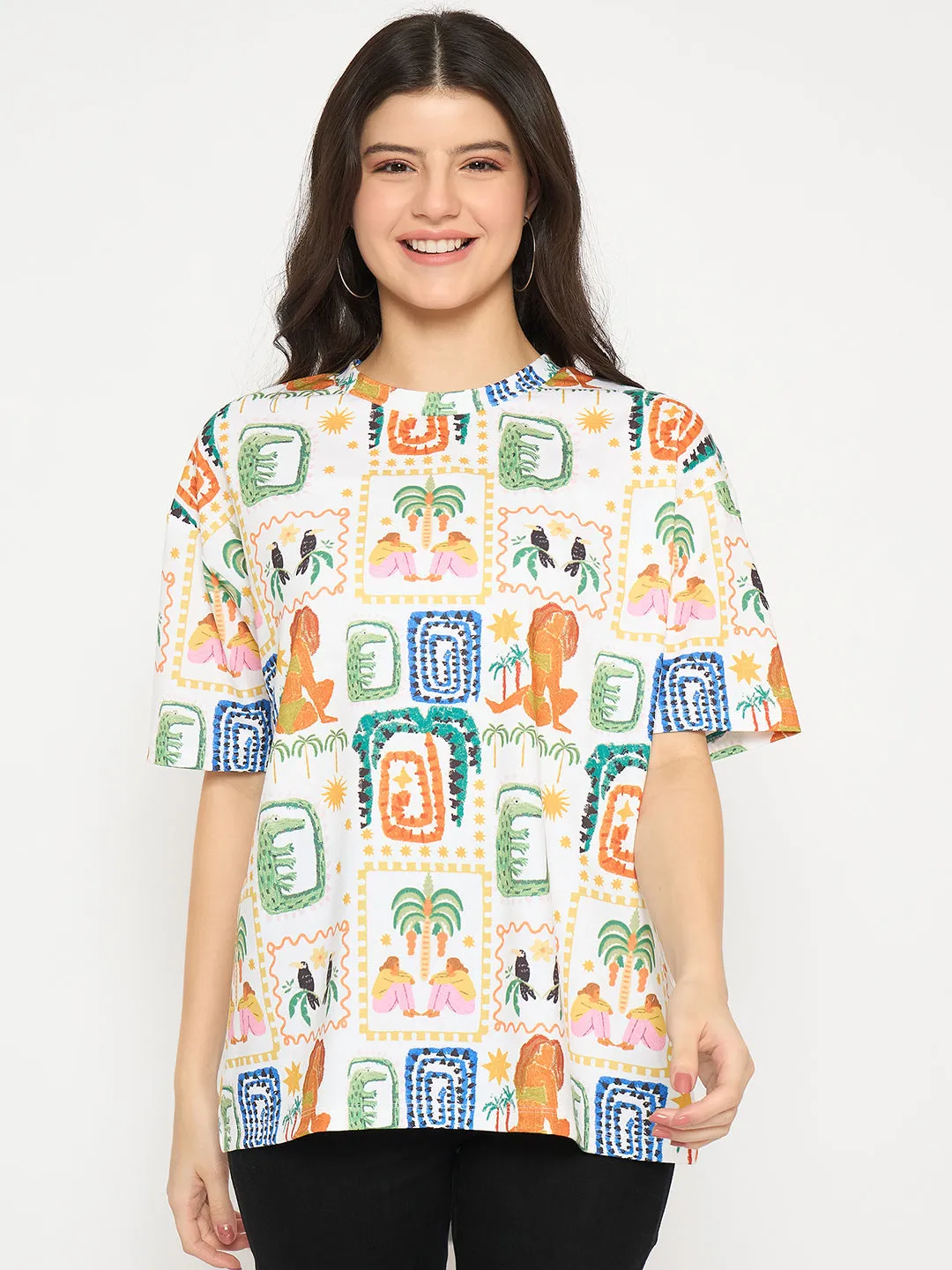 Madame All Over Graphic Print White T-shirt Chic and Soft