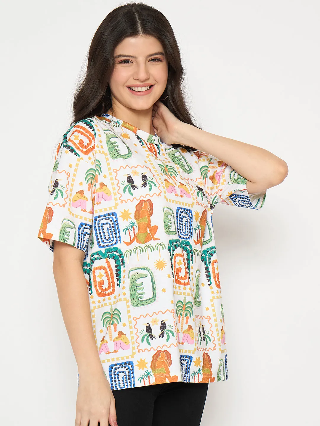 Breathable knit Summer Wardrobe Madame All Over Graphic Print White T-shirt