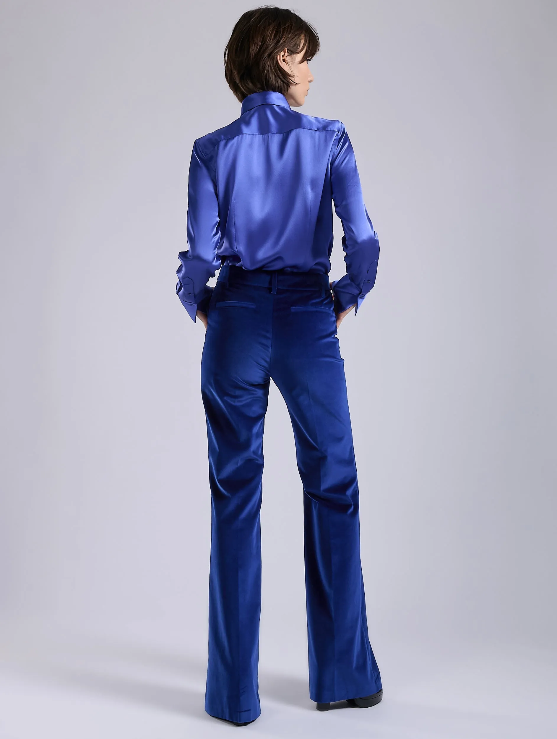 Smooth Fabric Blue velvet flare trousers